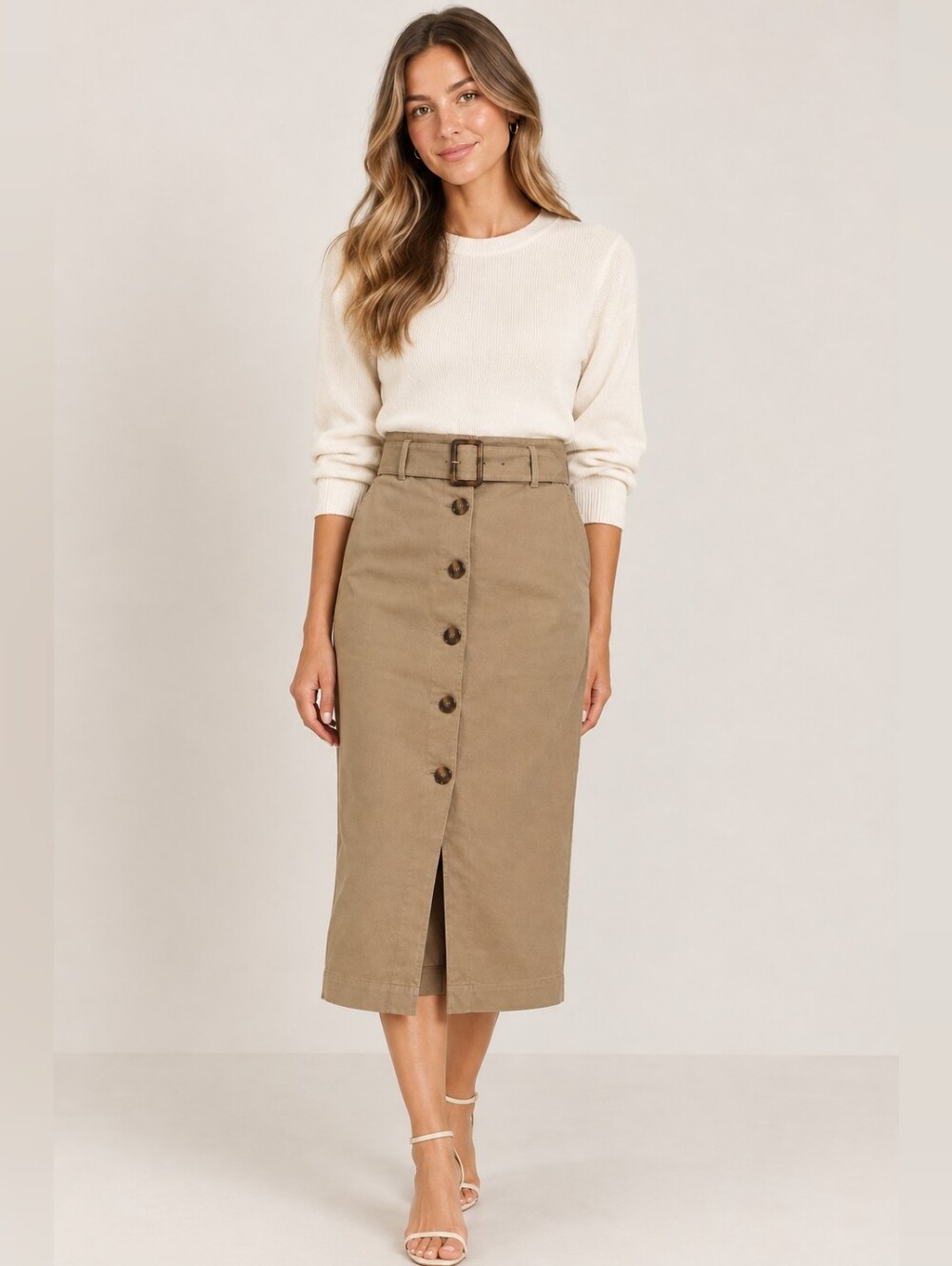 High-Waist Button-Front Tan Midi Skirt